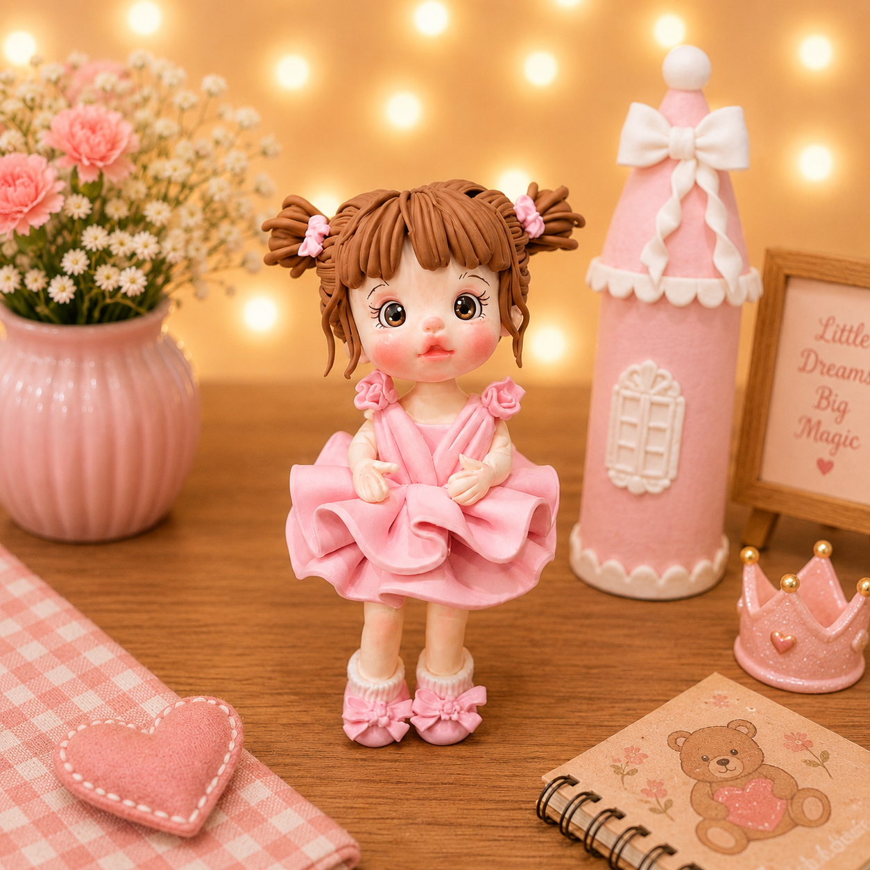 Handmade Sweet Pink Dress Girl Cake Topper – Cute Birthday Girl Figurine