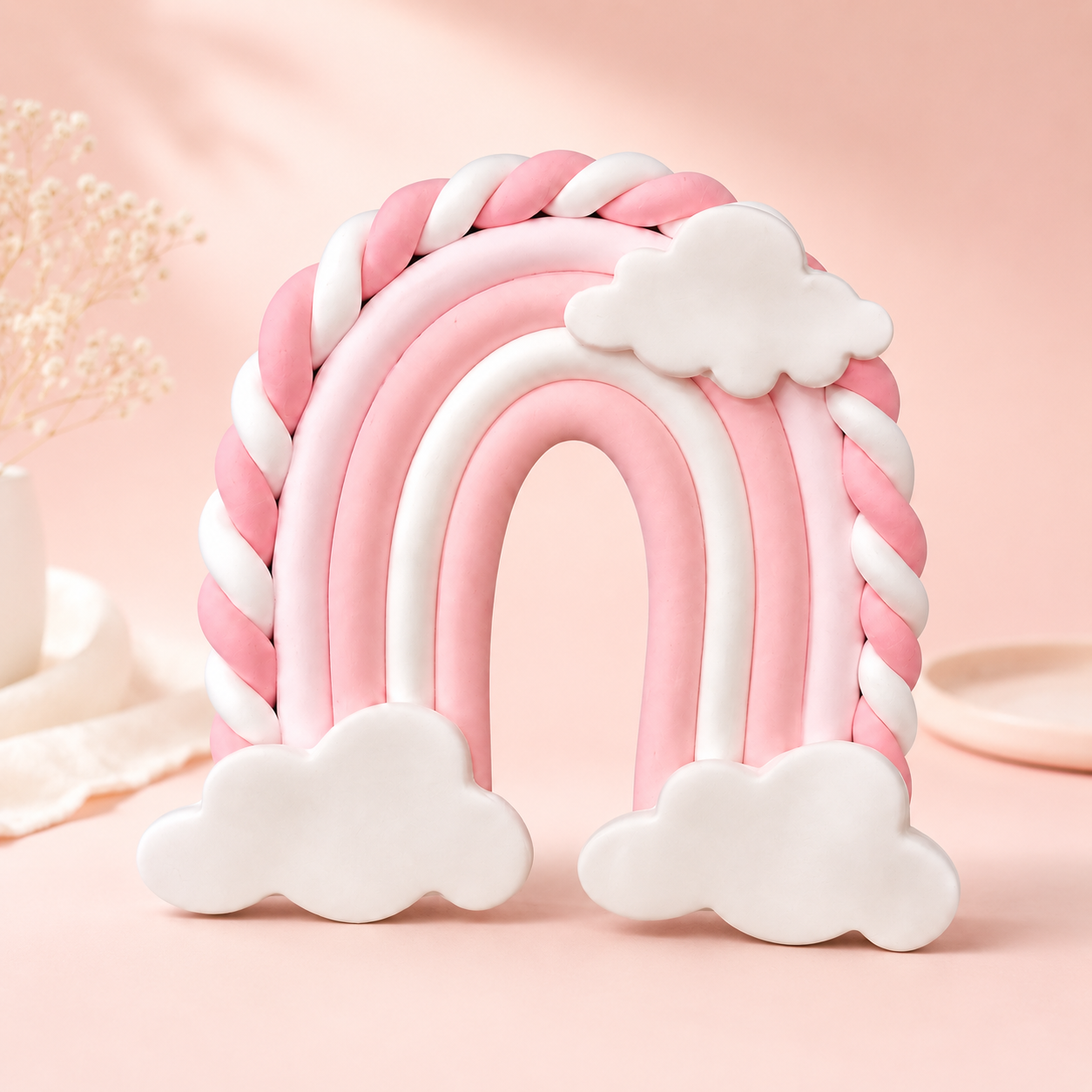 Handmade Pink Rainbow Cake Topper – Pastel Rainbow with Clouds