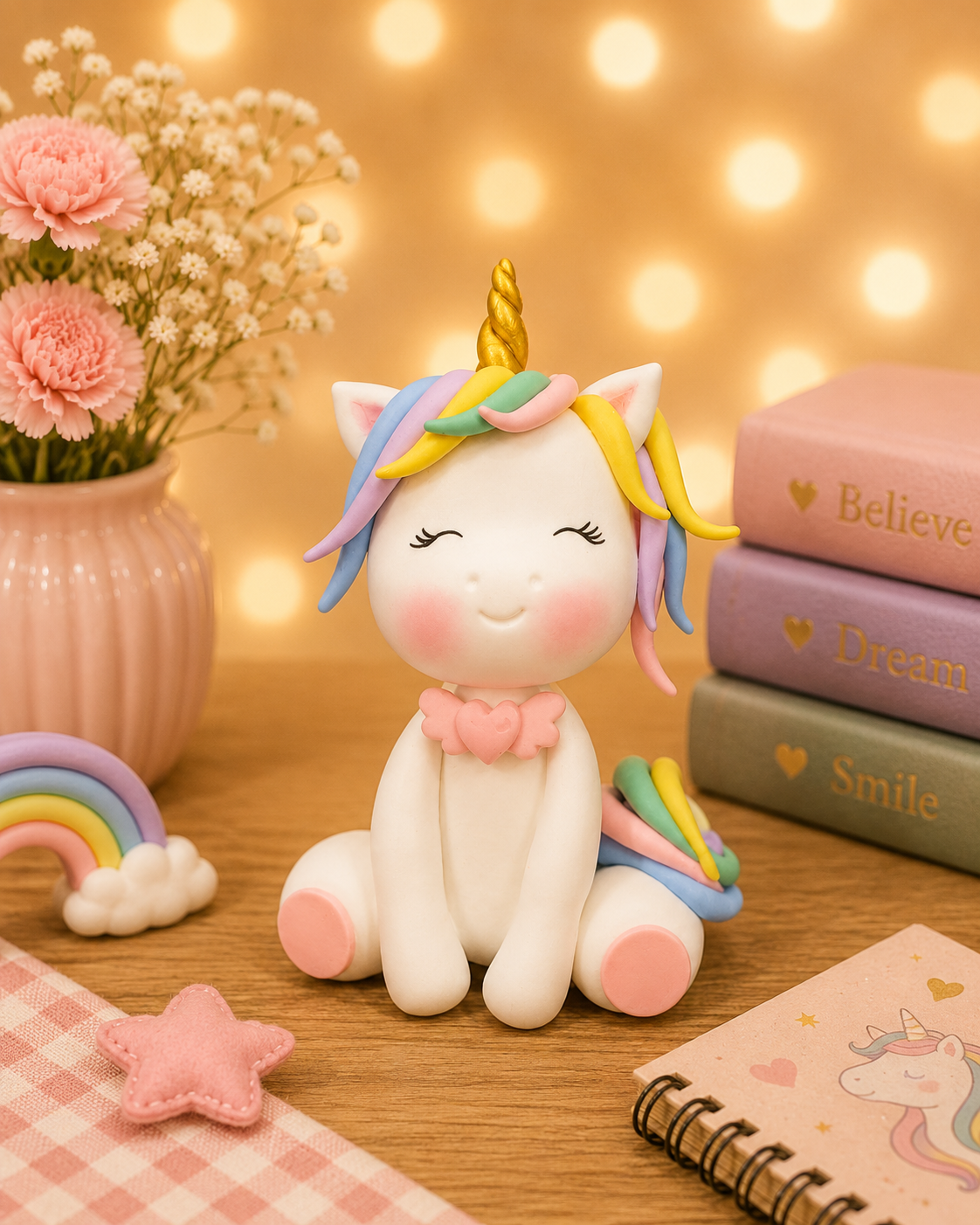Handmade Sitting Rainbow Unicorn Cake Topper – Pastel Unicorn Figurine