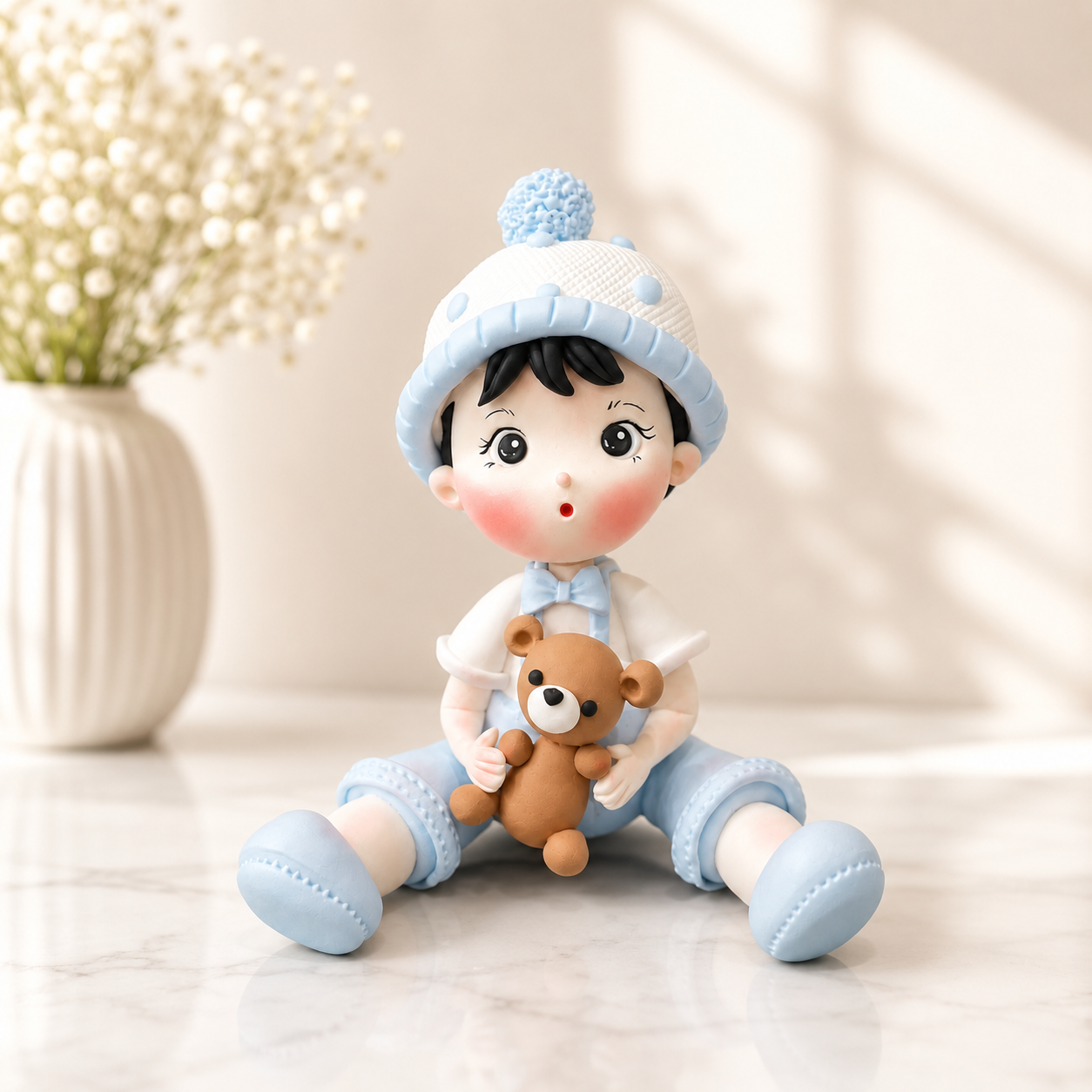 Handmade Baby Boy with Teddy Bear Cake Topper – Blue Baby Figurine