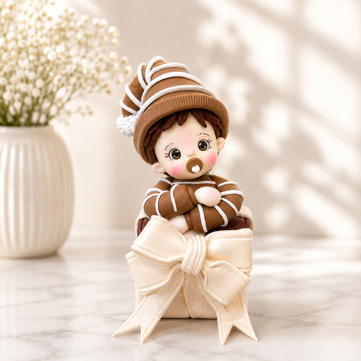 Handmade Baby in Gift Box Cake Topper – Brown & Cream Baby Figurine
