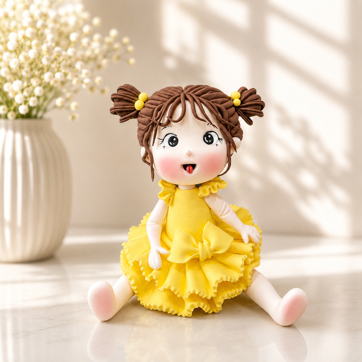 Handmade Sunny Yellow Girl Cake Topper – Ruffle Dress Girl Figurine