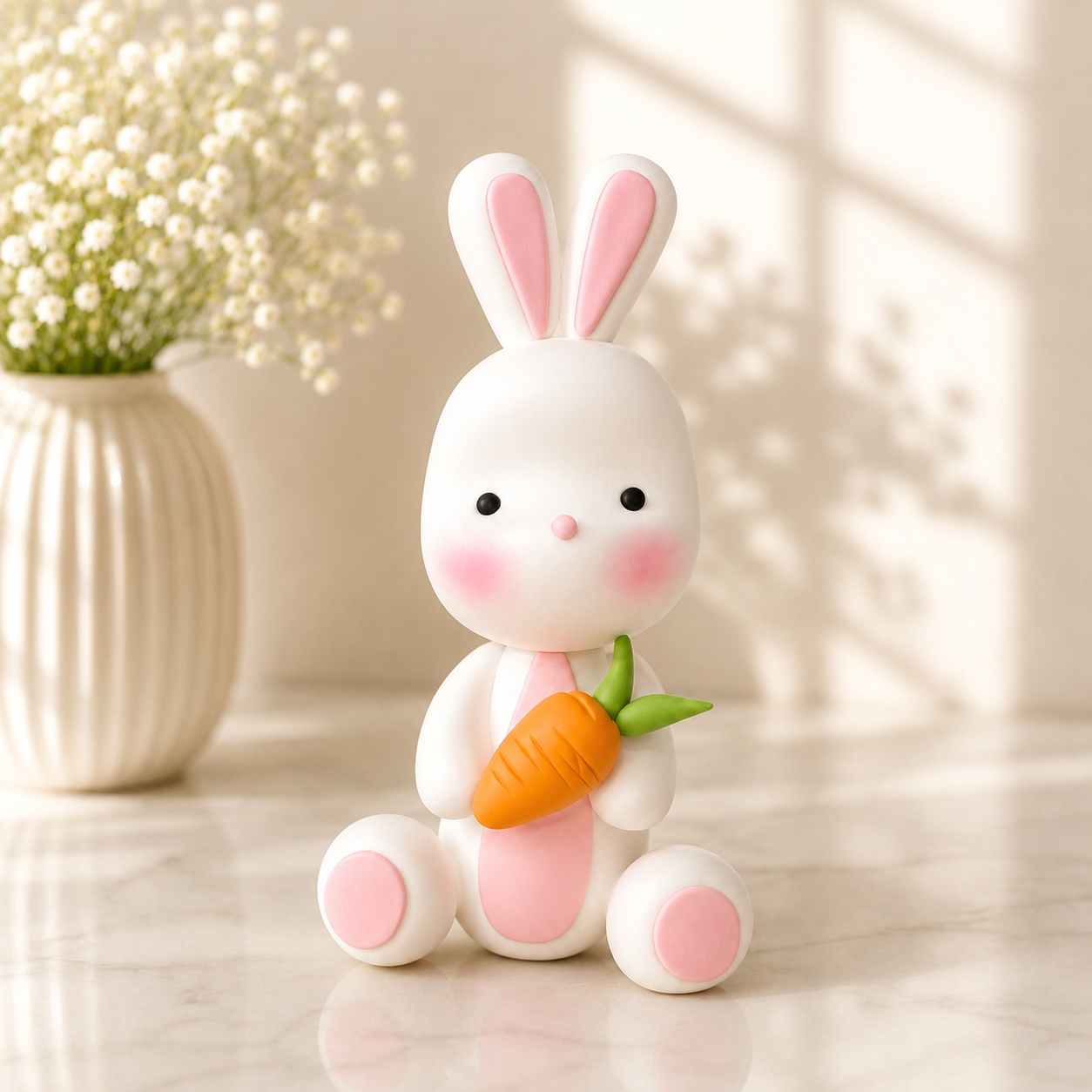 Handmade Bunny with Carrot Cake Topper – Cute White Rabbit Figurine