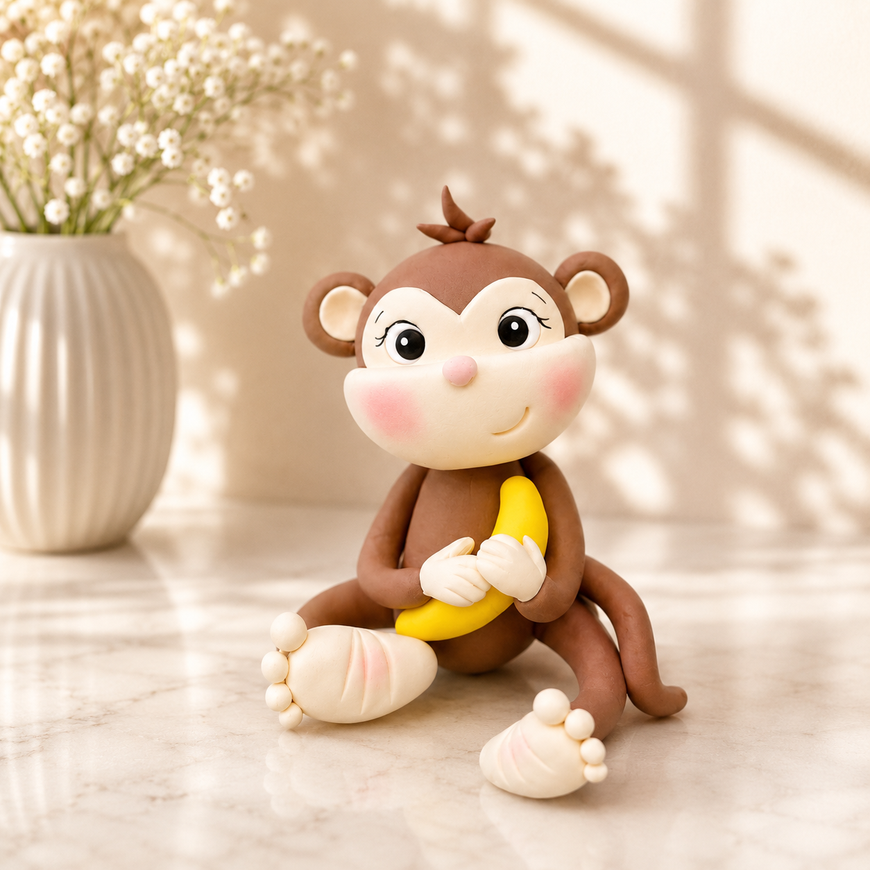 Handmade Monkey with Banana Cake Topper – Cute Jungle Animal Figurine