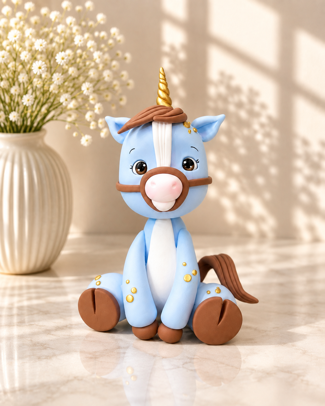 Handmade Blue Unicorn Cake Topper – Gold Horn Fantasy Horse Figurine