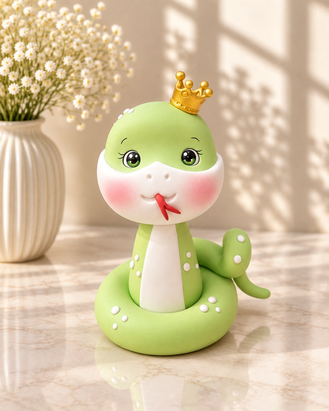Handmade Crown Snake Cake Topper – Cute Green Royal Snake Figurine