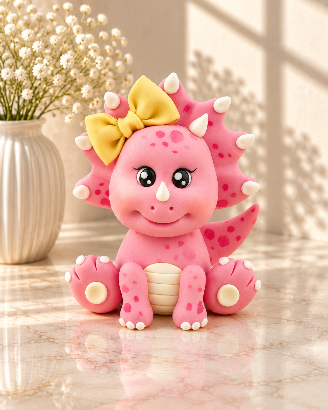 Handmade Pink Triceratops Cake Topper – Cute Dinosaur with Yellow Bow