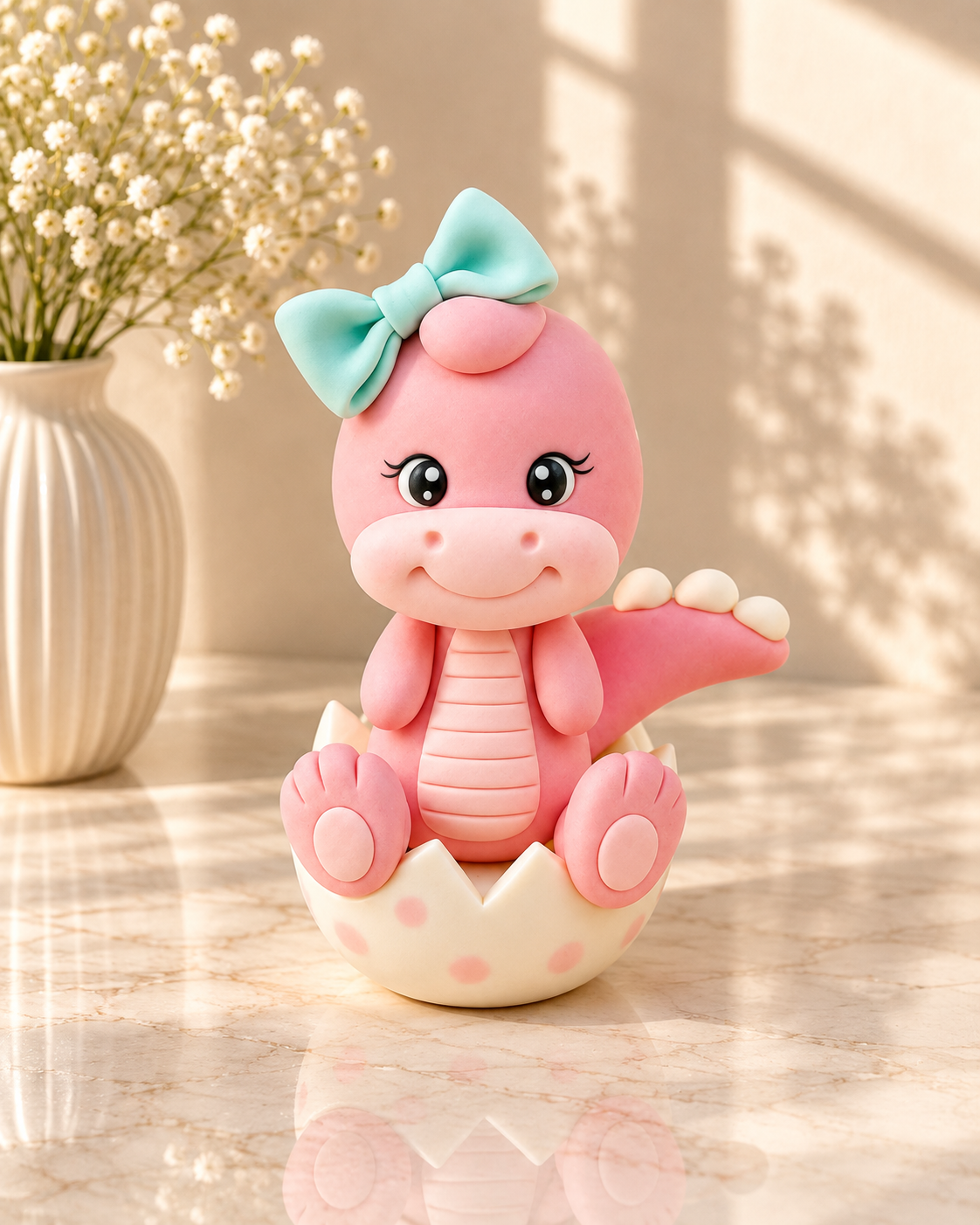 Handmade Pink Baby Dinosaur in Egg Cake Topper – Pastel Dino with Blue Bow