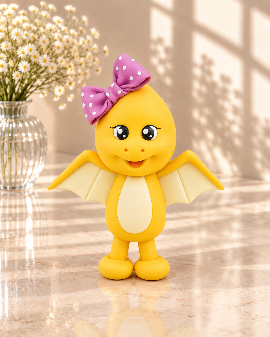 Handmade Yellow Pterodactyl Cake Topper – Cute Flying Dinosaur with Purple Bow