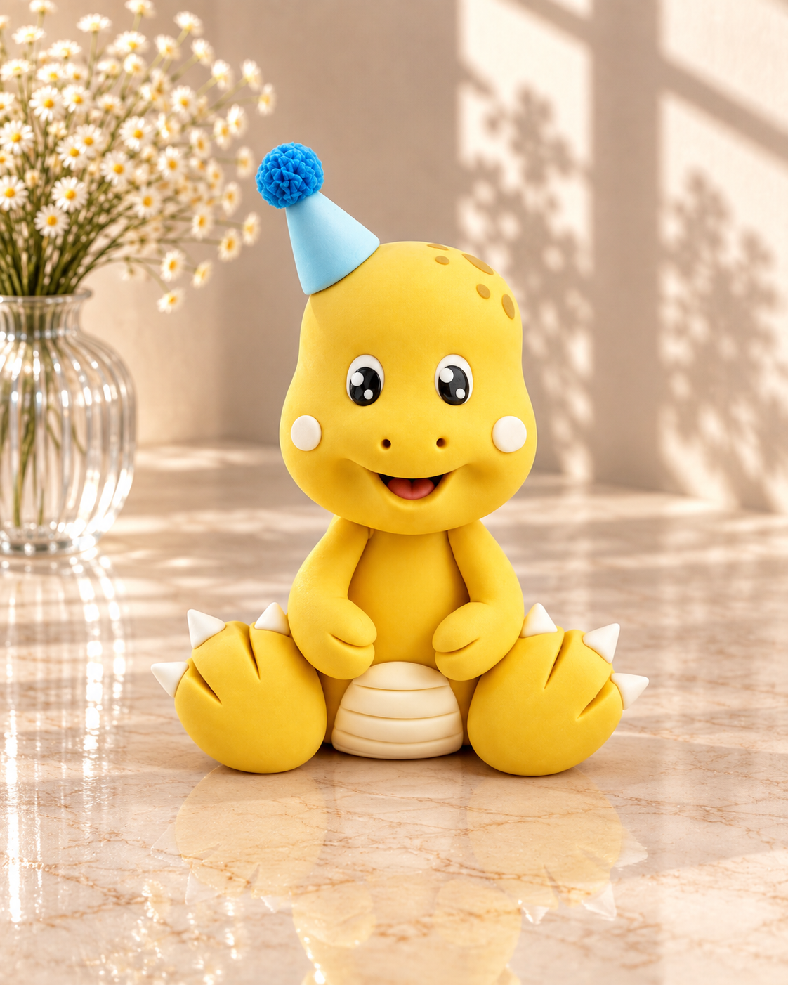 Handmade Yellow Baby Dinosaur Cake Topper – Cute Dino with Blue Party Hat