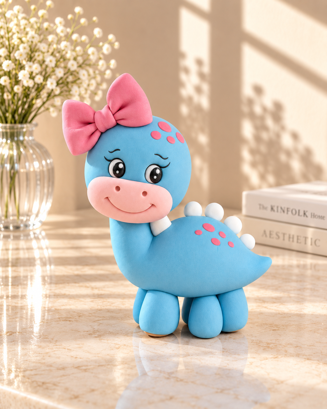 Handmade Blue Brontosaurus Cake Topper – Cute Long-Neck Dinosaur with Pink Bow
