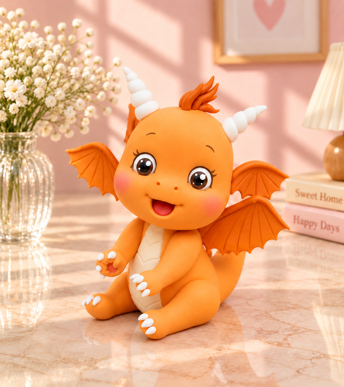 Handmade Baby Dragon Cake Topper – Cute Orange Fantasy Dragon Figurine