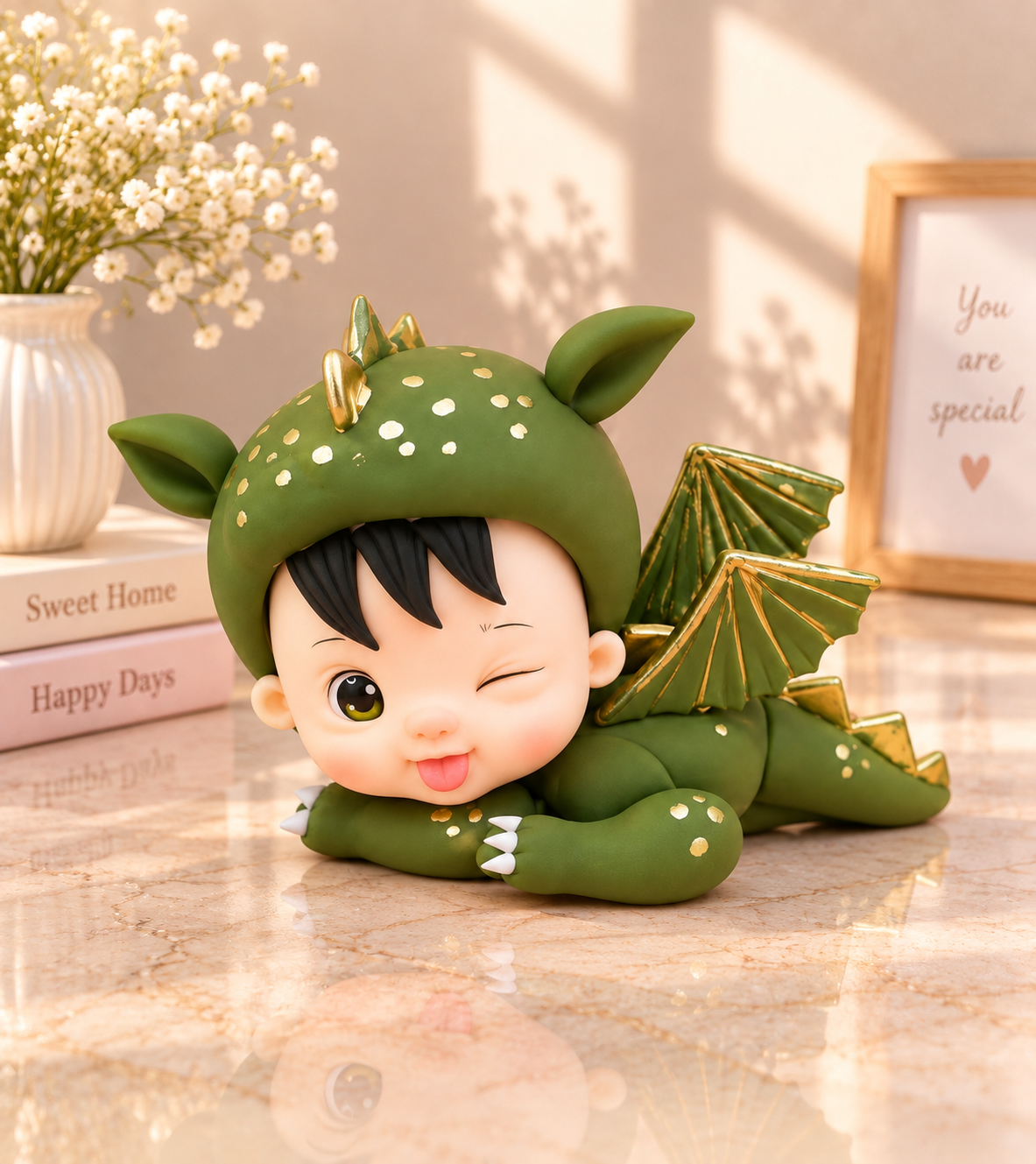 Handmade Baby Dragon Boy Cake Topper – Green Dragon Costume Figurine