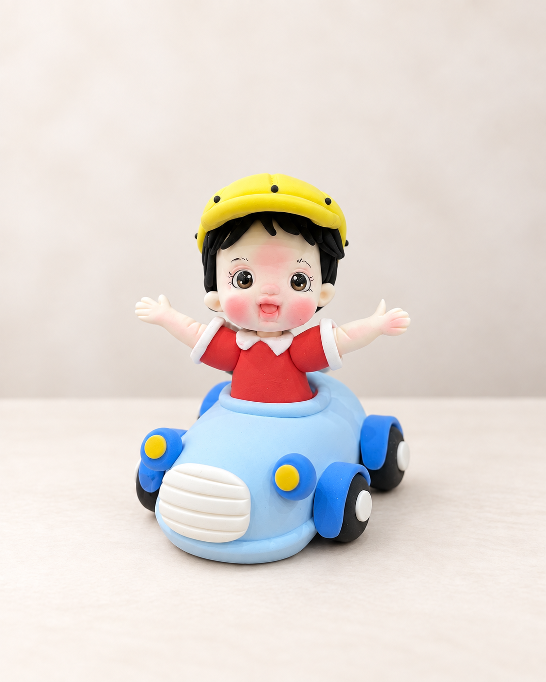 Boy in Car Figurine Handmade Clay Cake Topper