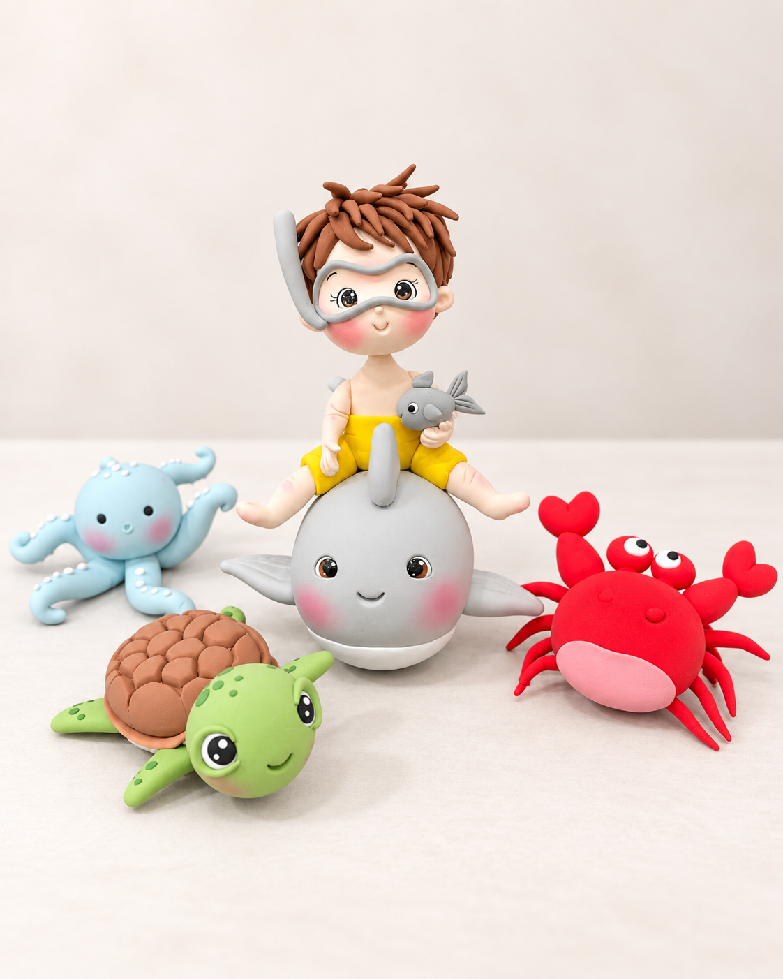 Ocean Boy ride Whale Figurine Handmade Clay Cake Topper