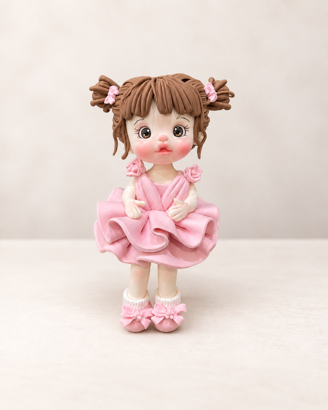 Pink Dress Girl Figurine Handmade Clay Cake Topper