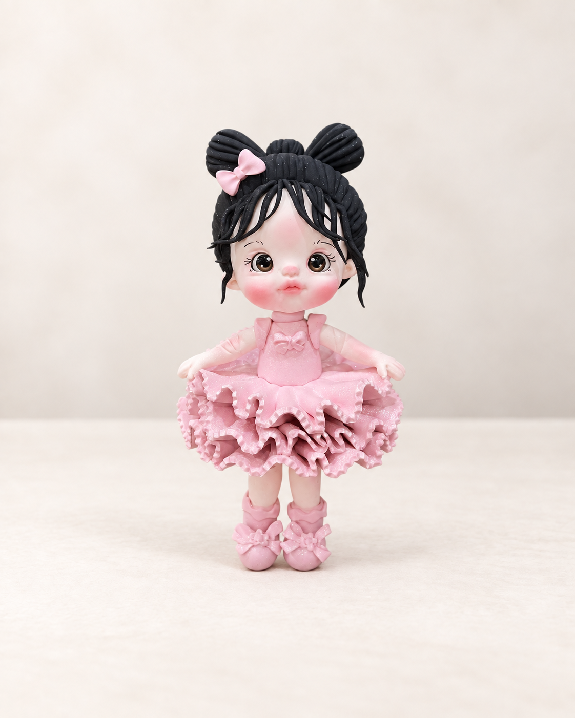 Pink Ruffle Girl Figurine Handmade Clay Cake Topper