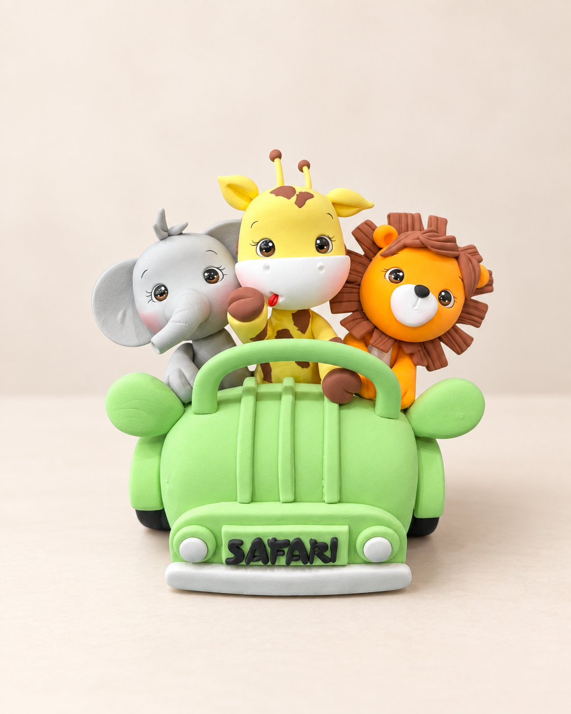 Safari Animal in Car Figurine Handmade Clay Cake Topper