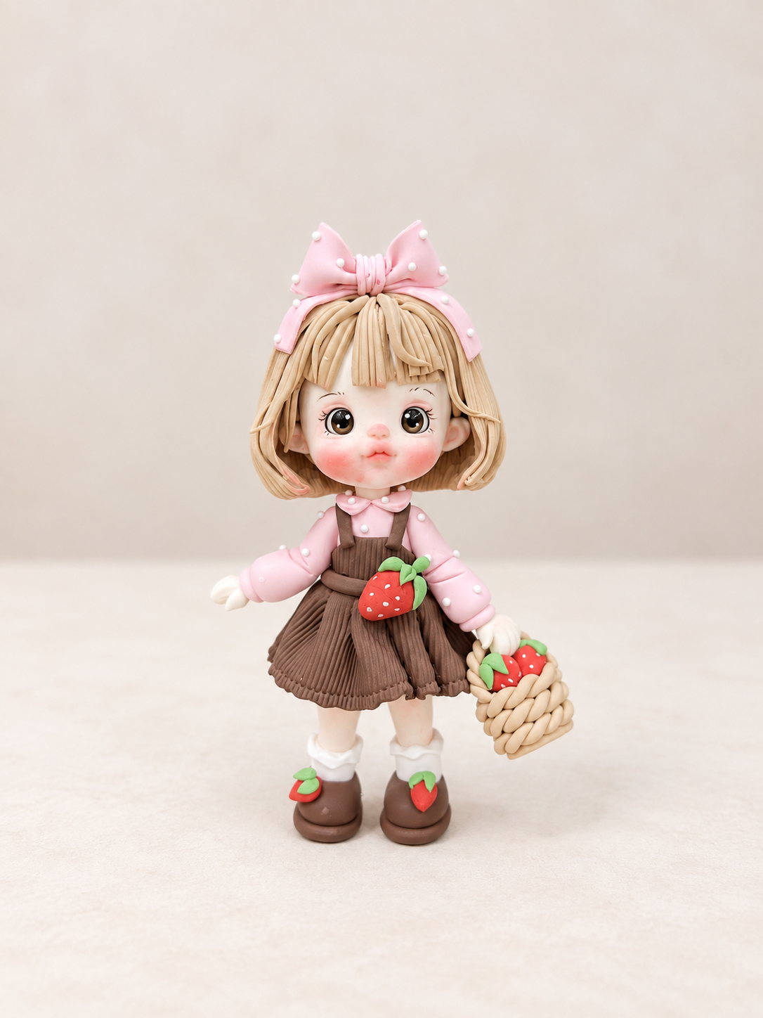Strawberry Girl Figurine Handmade Clay Cake Topper