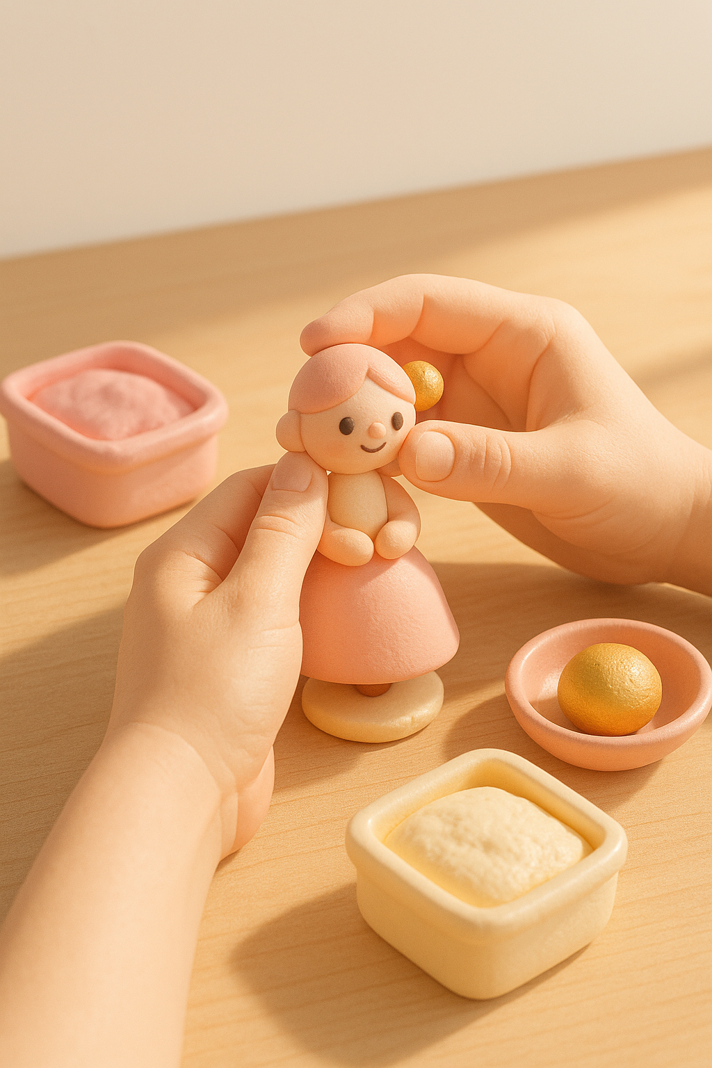 A craftsperson's hands shaping a cake topper from foam clay at a warm, sunlit studio table