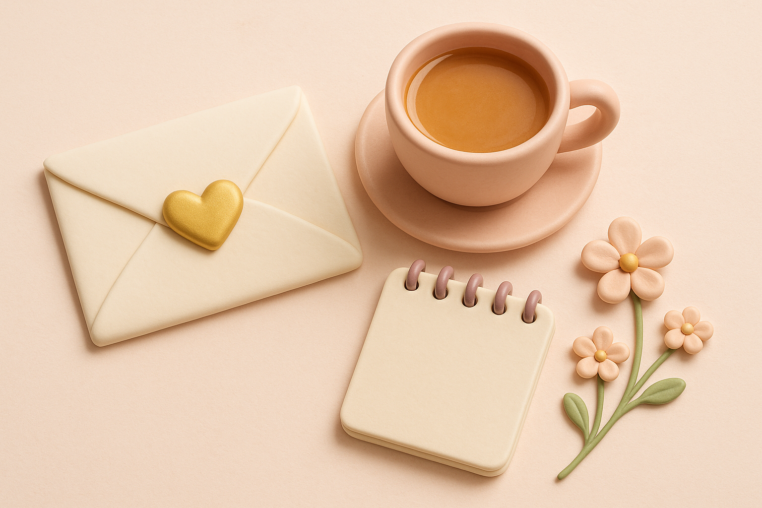 A warm, inviting workspace with cake toppers, a notepad, and a cup of tea, ready to take your message