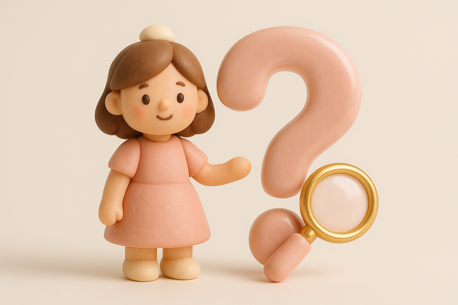 A handcrafted foam clay cake topper alongside a magnifying glass and question mark, illustrating helpful answers