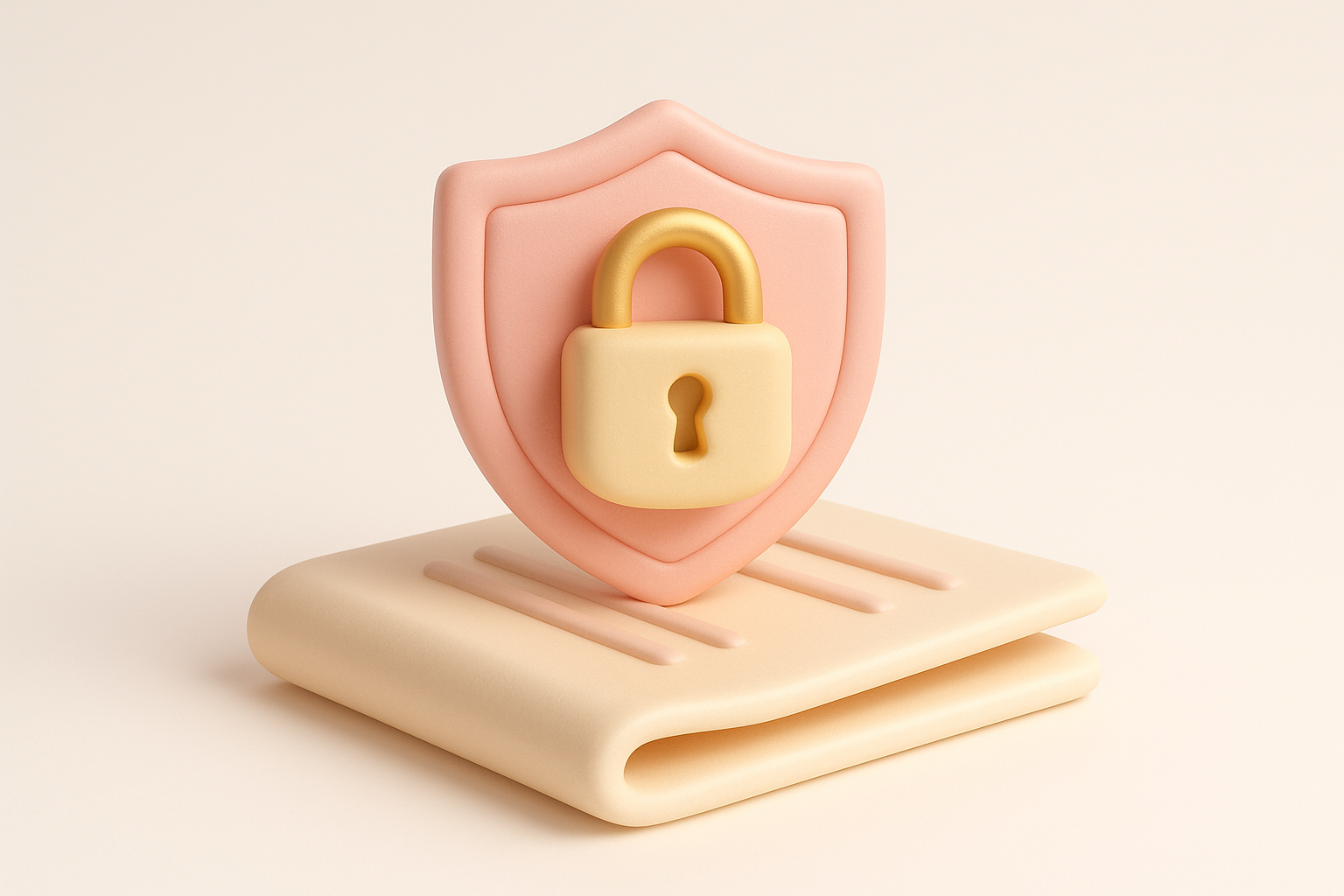 A clay-render illustration of a padlocked shield guarding a document, representing data privacy and protection