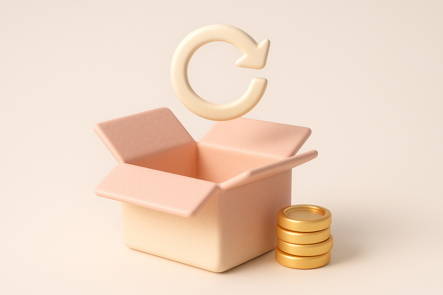 A clay-render illustration of a return box with a refresh arrow and a small stack of coins, representing returns and refunds