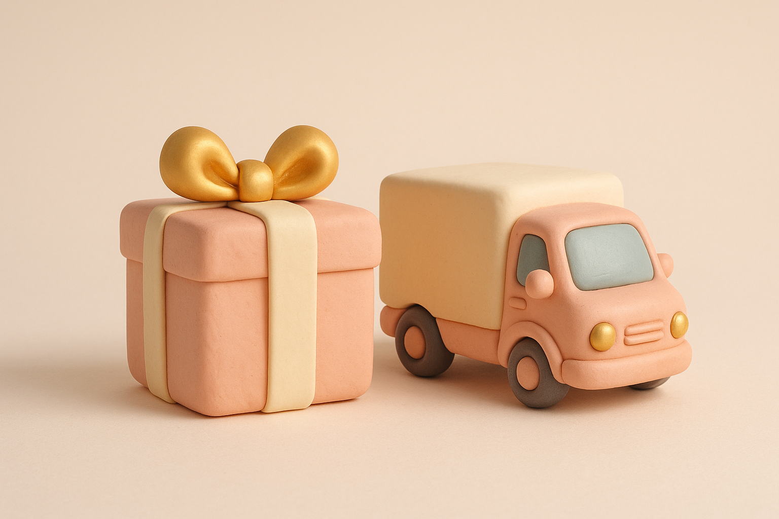 A clay-render illustration of a wrapped delivery box with a ribbon bow beside a small delivery truck, representing shipping