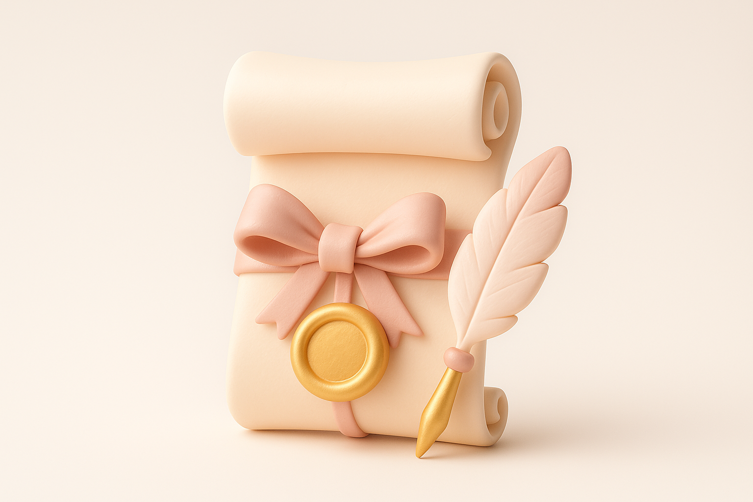 A clay-render illustration of a rolled legal scroll with a wax seal and a quill, representing terms of service